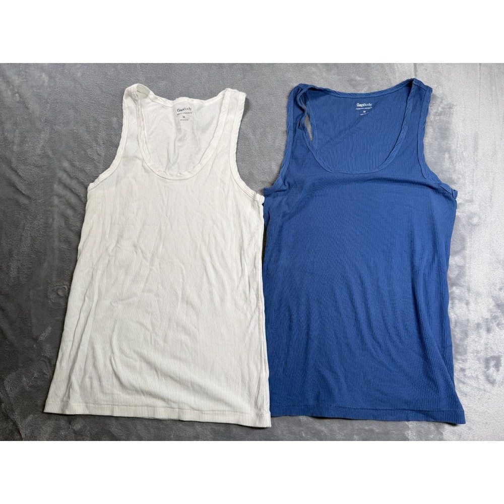 Gap Body Forever Favorite Tank Top Womens M Blue White Ribbed Scoop Neck Lot 2